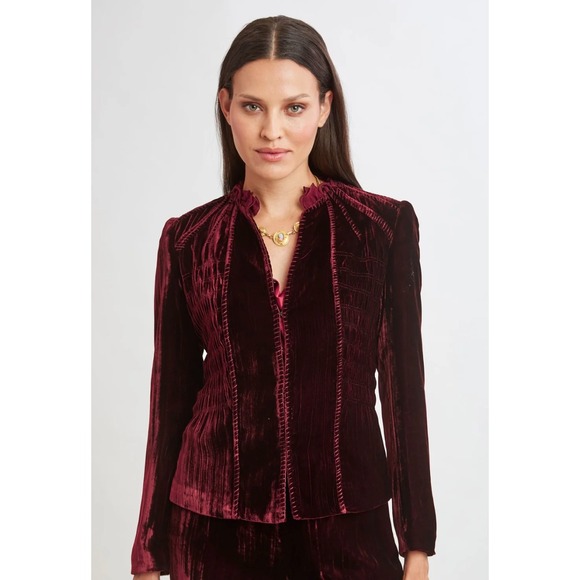 Elie‎ Tahari Plisse Velvet Embroidered Jacket Burgundy Size 10 Hook/Eye Closures - Picture 1 of 13